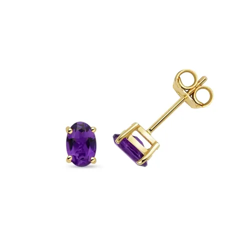 Amethyst Oval Claw Stud Earrings - Yellow Gold